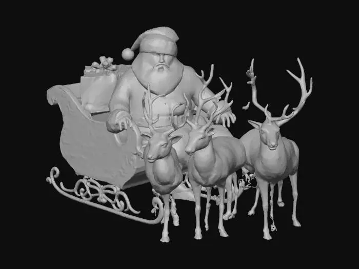 3D model for Un dettagliato Babbo Natale robusto, con lunga barba bianca e vestito di velluto rosso bordato di pelliccia, siede su una slitta scolpita di legno laccato rosso con intarsi dorati. È trainato da quattro renne dalla pelliccia marrone lucida e corna ramificate, elegantemente bardate. La slitta è colma di regali di varie dimensioni, avvolti in carte luccicanti rosso, verde e oro, con nastri e fiocchi.