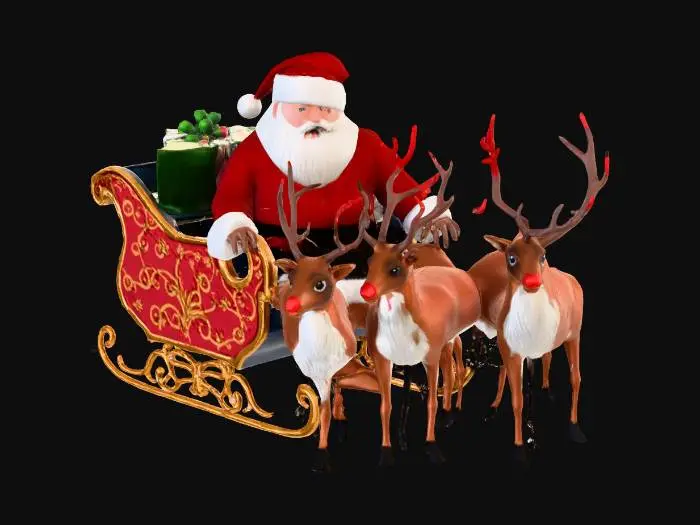 3D model for Un dettagliato Babbo Natale robusto, con lunga barba bianca e vestito di velluto rosso bordato di pelliccia, siede su una slitta scolpita di legno laccato rosso con intarsi dorati. È trainato da quattro renne dalla pelliccia marrone lucida e corna ramificate, elegantemente bardate. La slitta è colma di regali di varie dimensioni, avvolti in carte luccicanti rosso, verde e oro, con nastri e fiocchi.