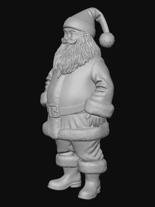 3D model for Un dettagliato Babbo Natale, con un'espressione gioiosa e una folta barba bianca e riccia. Indossa un sontuoso completo di velluto rosso, rifinito con pelliccia bianca spessa e soffice, stivali neri lucidi e una cintura in pelle con fibbia dorata. La sua figura è corpulenta e amichevole, trasmettendo una sensazione di morbidezza e calore, con un berretto appuntito.