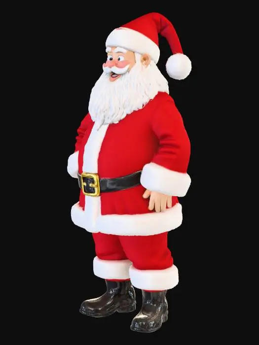 3D model for Un dettagliato Babbo Natale, con un'espressione gioiosa e una folta barba bianca e riccia. Indossa un sontuoso completo di velluto rosso, rifinito con pelliccia bianca spessa e soffice, stivali neri lucidi e una cintura in pelle con fibbia dorata. La sua figura è corpulenta e amichevole, trasmettendo una sensazione di morbidezza e calore, con un berretto appuntito.