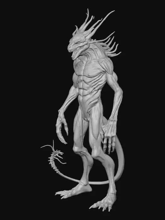 3D model for Un Demogorgon dettagliato, con una figura umanoide alta e snella, dalla pelle coriacea e squamosa, di un colore grigio-marrone opaco con sfumature violacee e chiazze lucide che suggeriscono muco. La sua testa si apre come un fiore carnivoro, rivelando file di denti aguzzi e un interno cavernoso privo di occhi. Le sue lunghe braccia terminano con artigli affilati e i suoi piedi robusti mostrano una struttura simile. L'intero modello ha una consistenza organica e terrificante, con leggere venature sottocutanee visibili.