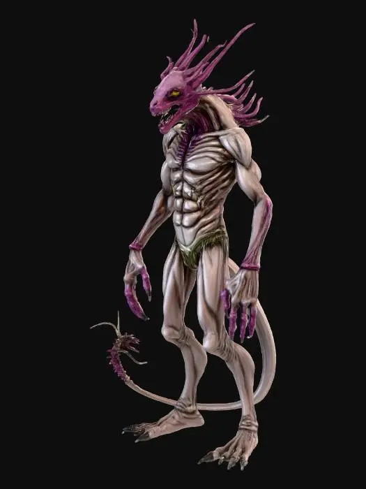 3D model for Un Demogorgon dettagliato, con una figura umanoide alta e snella, dalla pelle coriacea e squamosa, di un colore grigio-marrone opaco con sfumature violacee e chiazze lucide che suggeriscono muco. La sua testa si apre come un fiore carnivoro, rivelando file di denti aguzzi e un interno cavernoso privo di occhi. Le sue lunghe braccia terminano con artigli affilati e i suoi piedi robusti mostrano una struttura simile. L'intero modello ha una consistenza organica e terrificante, con leggere venature sottocutanee visibili.