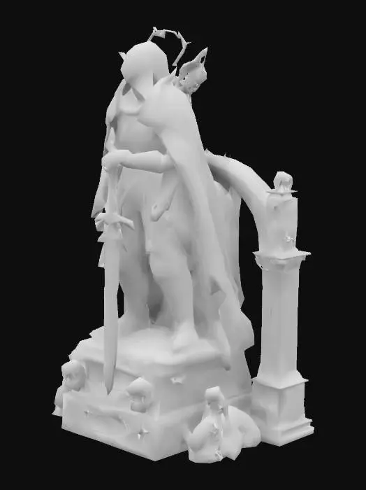 3D model for Gothic statue of a fallen knight in ornate power armor, inspired by Warhammer 40k. Cracked armor, purity seals, tattered cloak, broken halo. Kneeling or solemn pose with relic sword grounded. Ruined stone plinth base with skulls, arches, and inscriptions. Grimdark, cathedral-style details. High-resolution sculptural detail for 3D printing terrain.