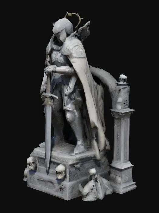 3D model for Gothic statue of a fallen knight in ornate power armor, inspired by Warhammer 40k. Cracked armor, purity seals, tattered cloak, broken halo. Kneeling or solemn pose with relic sword grounded. Ruined stone plinth base with skulls, arches, and inscriptions. Grimdark, cathedral-style details. High-resolution sculptural detail for 3D printing terrain.