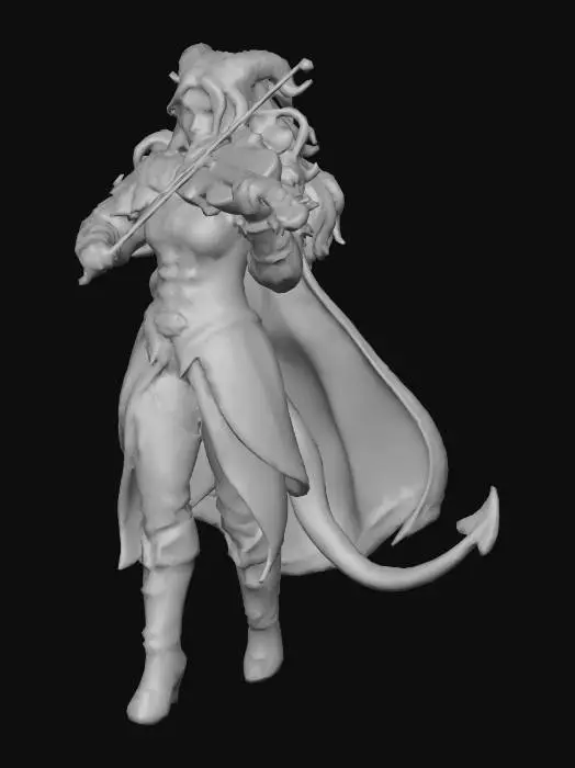 3D model for Female ,Red skinned Tiefling , Bard with long black hair, purple eyes, plays a viola