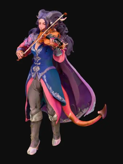 3D model for Female ,Red skinned Tiefling , Bard with long black hair, purple eyes, plays a viola