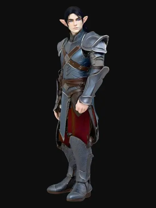 3D model for Male Elf, Black Hair , Light Blue Eyes, Ash-White Skin, Leather Armor