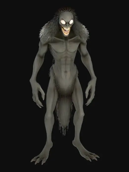 3D model for Shadowy creature long legs , short neck . teethy grin , flashing white eyes