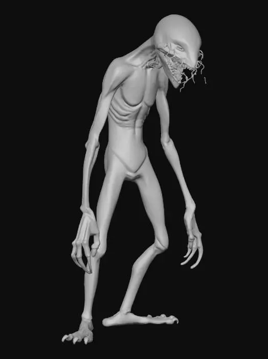 3D model for #Halloween2025#, Shadowy creature long legs , short neck . teethy grin , flashing white eyes , bending sideways