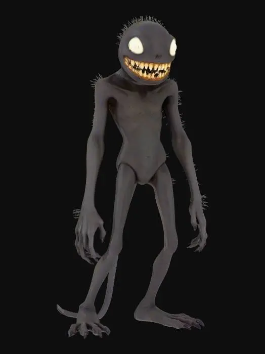 3D model for #Halloween2025#, Shadowy creature long legs , short neck . teethy grin , flashing white eyes , bending sideways
