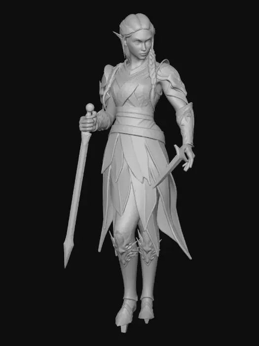 3D model for fantaisie une elf femelle avec une armur vert et silver avec les cheveux blanc tresser