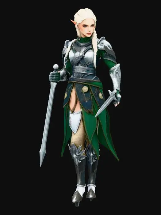 3D model for fantaisie une elf femelle avec une armur vert et silver avec les cheveux blanc tresser