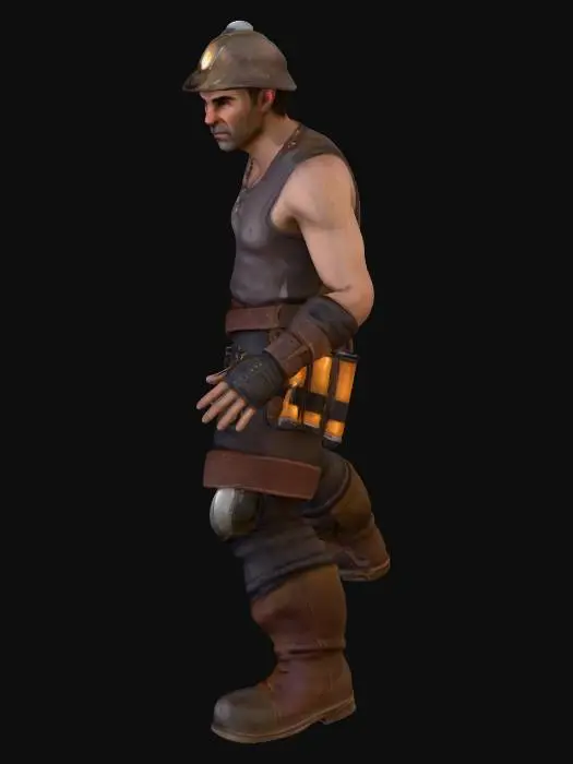 3D model for Game-ready fantasy human miner, semi-stylized PBR. Male adult, rugged. Outfit: leather boots, reinforced pants with knee pads, belt pouches, sleeveless tunic, leather apron, fingerless gloves, hard hat with lamp, small lantern on belt, bedroll. A-pose for animation: arms 30–45° below horizontal, elbows slightly bent, fingers separated, feet shoulder-width. Clean quad topology with edge loops at shoulders, elbows, wrists, hips, knees, ankles; Unity Humanoid rig with twist bones (upper/lower arms, upper/lower legs), 5-finger hands. Scale ≈1.8 m, Y-Up, pivot at feet. PBR Metallic/Roughness, UVs non-overlapping. Props as separate meshes: pickaxe (pivot at grip), lantern. LOD0 ~30k, LOD1 ~15k, LOD2 ~6k. No T-pose; readable shapes.
