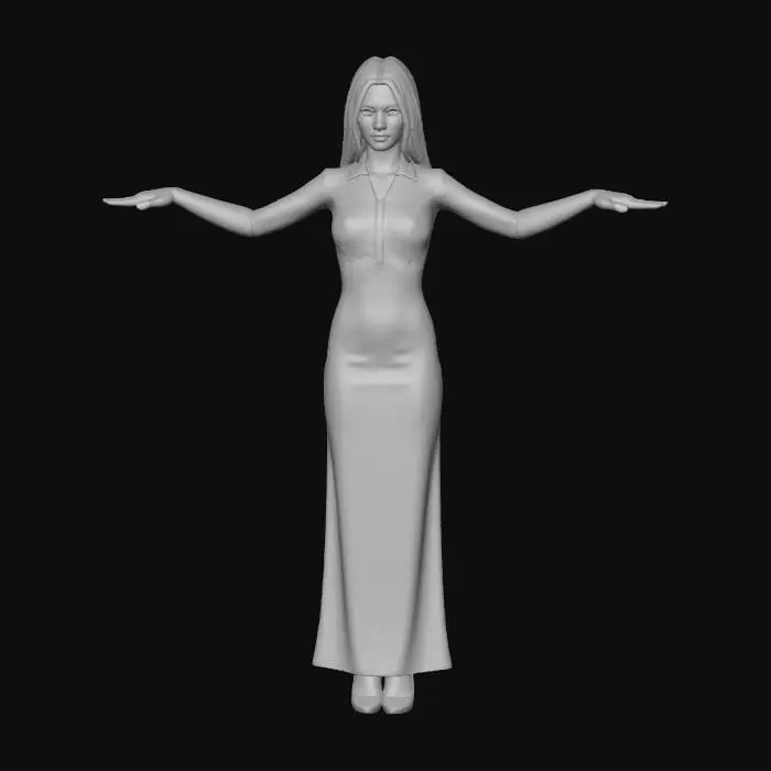 3D model for 一个青春洋溢的女大学生，长发披肩，大大的眼睛，瓜子脸型，长的非常漂亮，气质高雅。穿着白色长裙子