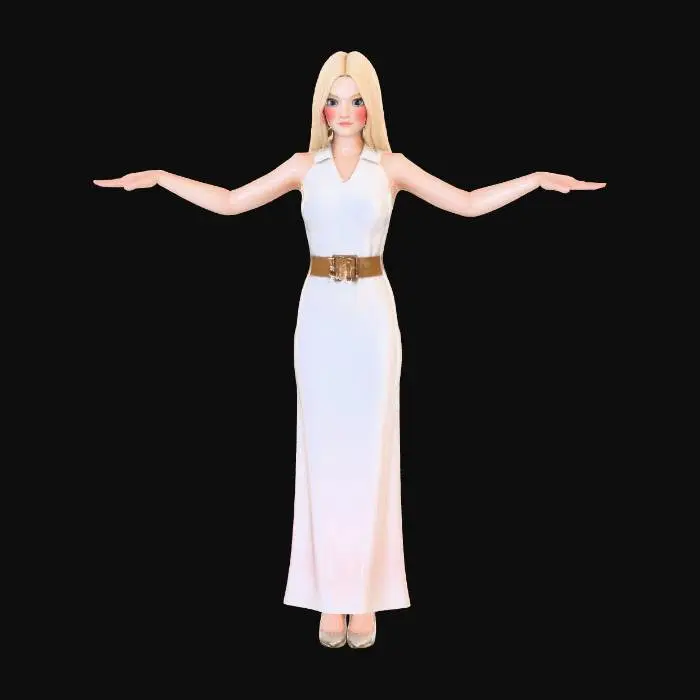 3D model for 一个青春洋溢的女大学生，长发披肩，大大的眼睛，瓜子脸型，长的非常漂亮，气质高雅。穿着白色长裙子