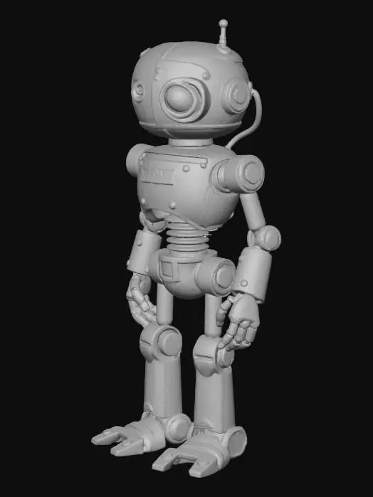 3D model for “3D post-apocalyptic scavenged robot. Built from mismatched parts, patched with old scrapyard components. Rusted body, dented armor, missing panel on the left arm revealing pistons. One functional blue eye, the other replaced with a cracked camera lens. Torn caution stickers on the chest. Small jury-rigged power core with wires wrapped in tape. Rough, gritty, heavily weathered PBR textures. Neutral standing pose.”
