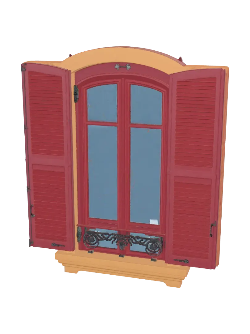 Green Facade Window with Red Shutters 3D model, vytvořený pomocí AI