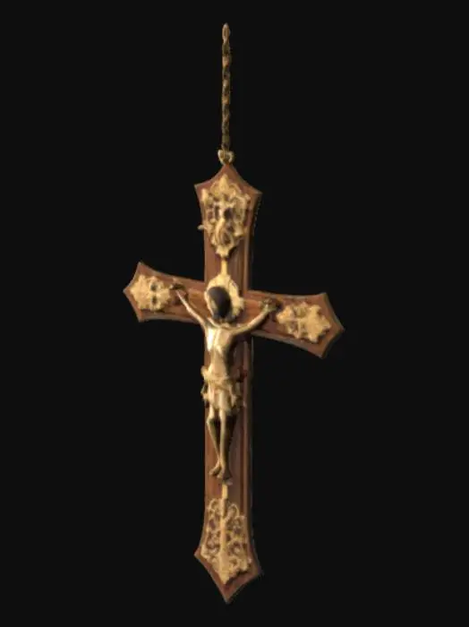 3D model for The object is a crucifix with a wooden cross structure adorned with gold-toned metal figures and decorative elements, featuring a textured and detailed representation.It have a golden chain connected to fit a person neck perfectly.