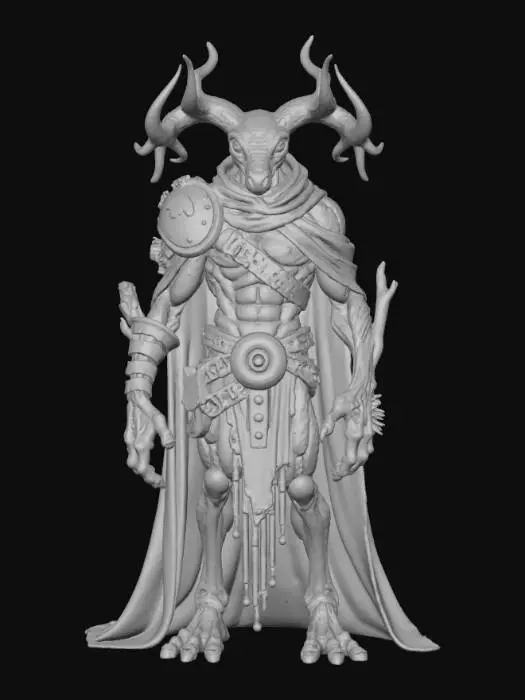 3D model for A towering, fungal tyrant with Broad, hunched shoulders like a collapsing structure overtaken by growth  
- Long, trailing cloak that looks like sheets of black mold peeling off drywall  
- A crown‑like growth of fungal antlers, uneven and organic  

Body & Texture
- Skin mottled with green, black, and white patches—like living mold colonies  
- Parts of his body look soft and spongy, others cracked and dry  
- Veins glow faintly toxic green, pulsing like spreading spores  

Face
- Eyes: hollow, glowing, sickly yellow or green  
- Mouth: when he speaks, spores drift out like dust motes  
- Jawline partially overtaken by creeping fungal plates  

 Costume
- Armor made from petrified wood and corroded metal, fused together by fungus  
- A chest emblem resembling a stylized spore bu