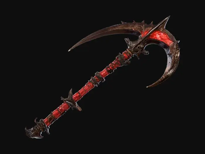 3D model for A highly detailed dark fantasy scythe designed for cosplay use — the weapon should look menacing and elegant, with a long curved blade forged from blackened metal, decorated with glowing runes or faint red energy veins. The handle should be wrapped in aged leather or dark fabric, featuring gothic ornamentation, spikes, and bone-like accents. The design should balance realism and fantasy — sturdy enough to look functional for a warrior or reaper character, yet intricate enough for a cosplay prop. Include a slight worn texture, engravings, and magical details. 3D model optimized for cosplay prop printing, full object, no background, realistic proportions, fantasy aesthetic.