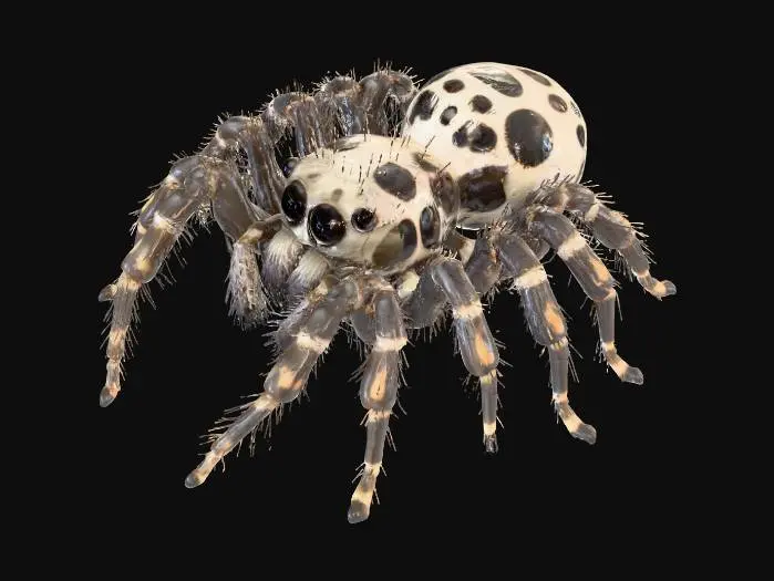 3D model for A stylized jumping spider with a skull-shaped pattern on its back, large expressive eyes, and natural lighting. The spider should look slightly eerie but still lifelike, with clear focus on the skull marking. #Halloween2025#