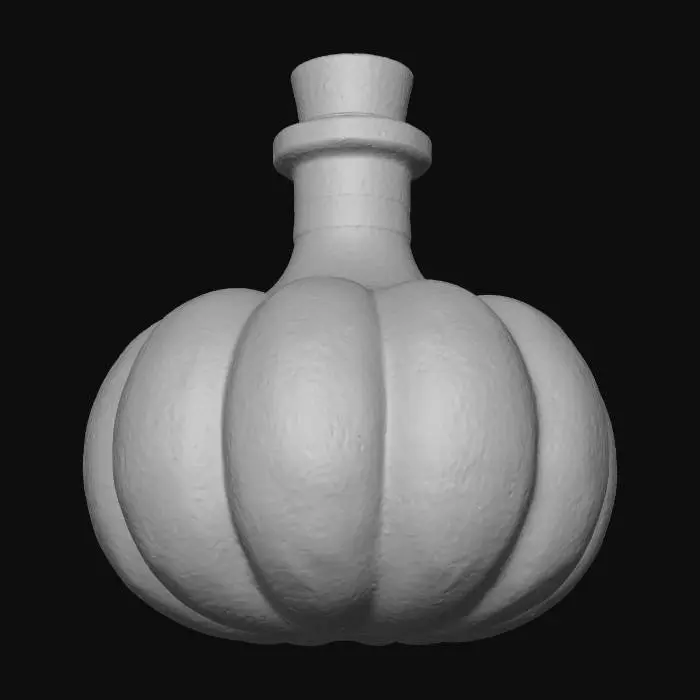 3D model for A stylized potion flask shaped like a pumpkin, made of translucent glass with glowing liquid inside, magical aura, detailed cork stopper, whimsical fantasy design, warm Halloween lighting, soft highlights, high-quality stylized rendering. #Halloween2025#