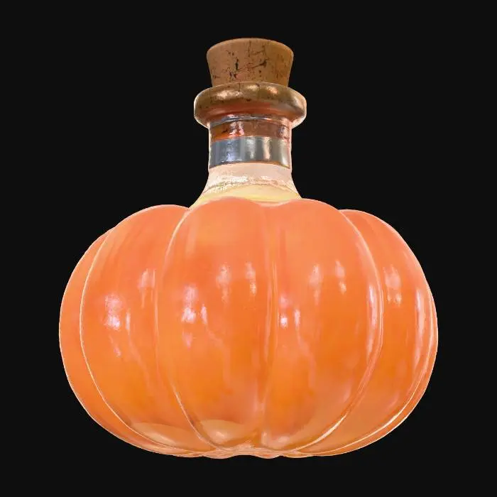 3D model for A stylized potion flask shaped like a pumpkin, made of translucent glass with glowing liquid inside, magical aura, detailed cork stopper, whimsical fantasy design, warm Halloween lighting, soft highlights, high-quality stylized rendering. #Halloween2025#