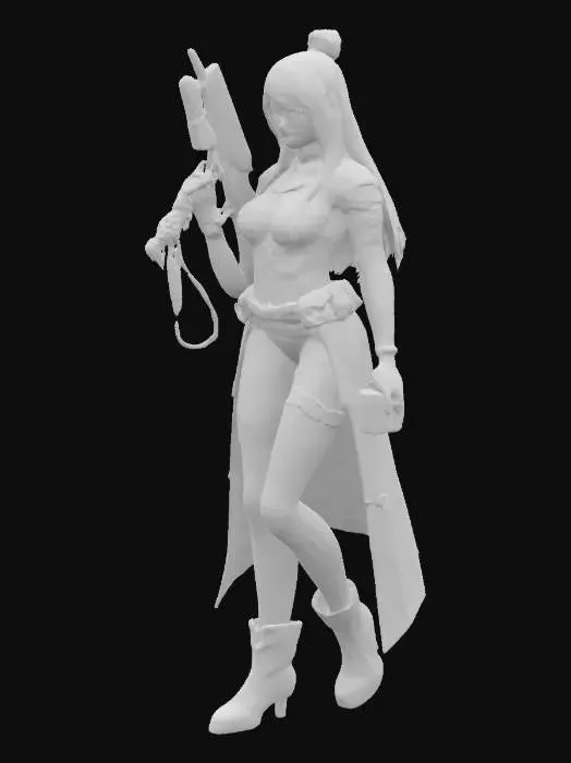 3D model for [Personnage – Shadowrun] une femme combattante dans l'univers du jeu de rôle cyberfuturiste Shadowrun. Fusil lourd en joue, elle campe sur ses jambes renforcées, prête à encaisser chaque tir. Ses longs cheveux bleus tombent d’un côté, l’autre rasé laisse voir un réseau de câbles connectés directement à sa combinaison furtive. Lunettes cyberconnectées sur les yeux, regard déterminé, elle avance en silence, enveloppée dans un manteau flottant. Sa combinaison moulante, bardée de renforts sur les bras, épaules et cuisses, souligne son efficacité létale. Elle n'est pas là pour discuter. Elle est là pour finir le contrat. Elle porte aussi 2 grenades à sa ceinture.