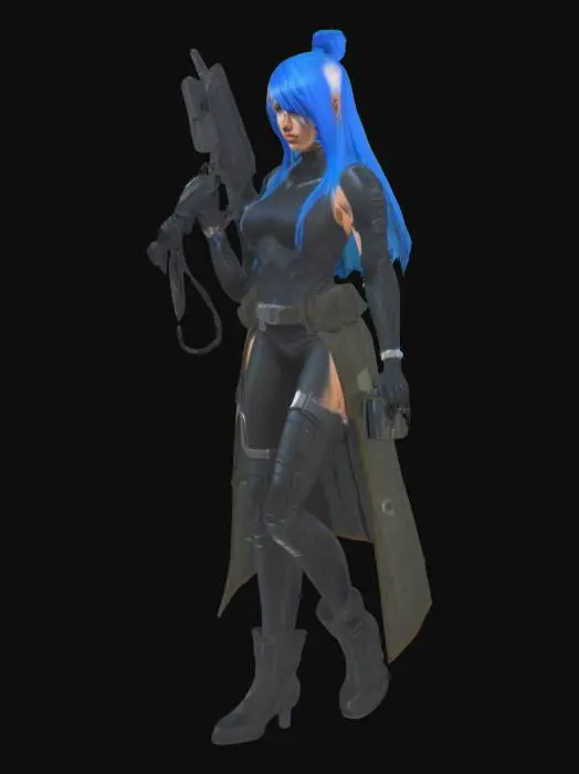 3D model for [Personnage – Shadowrun] une femme combattante dans l'univers du jeu de rôle cyberfuturiste Shadowrun. Fusil lourd en joue, elle campe sur ses jambes renforcées, prête à encaisser chaque tir. Ses longs cheveux bleus tombent d’un côté, l’autre rasé laisse voir un réseau de câbles connectés directement à sa combinaison furtive. Lunettes cyberconnectées sur les yeux, regard déterminé, elle avance en silence, enveloppée dans un manteau flottant. Sa combinaison moulante, bardée de renforts sur les bras, épaules et cuisses, souligne son efficacité létale. Elle n'est pas là pour discuter. Elle est là pour finir le contrat. Elle porte aussi 2 grenades à sa ceinture.