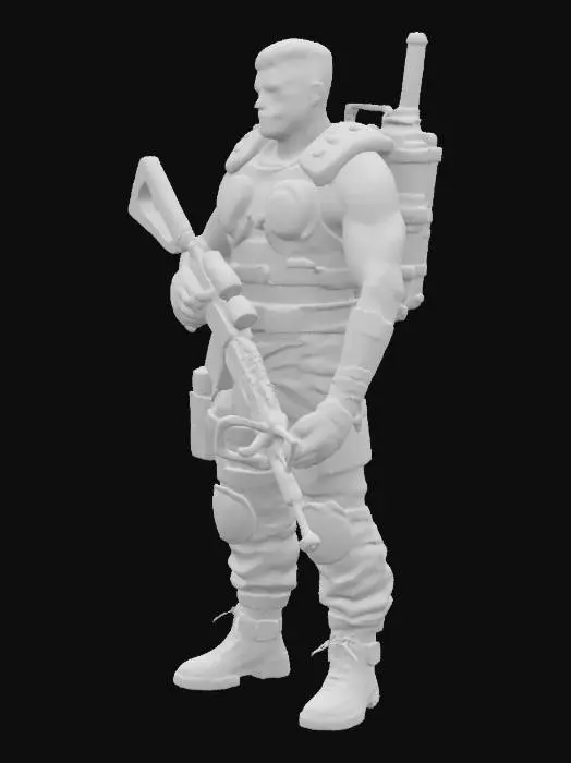 3D model for un combattant futuriste dans le style Mad Max. Armé d'un fusil lourd. Solidement campé sur ses jambes légèrement fléchies, jambe droite avancée. Tire avec son fusil sur un ennemi situé devant lui.