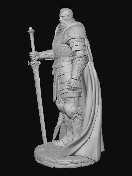 3D model for High-detail 3D miniature of a heroic knight in ornate gothic plate armor, but with a bare head featuring the face of a charismatic surfer man. The face has a mocking smirk, sharp jawline, and shoulder-length straight platinum blonde hair with a middle part. He is carrying a massive greatsword over his shoulder. The armor features heavy engraved pauldrons, dragon-scale textures, and a flowing cape. Standing on a cobblestone base. Sharp facial features optimized for small scale 3D printing, stylized realism, 8k resolution, intricate textures, heroic fantasy meets surfer aesthetic