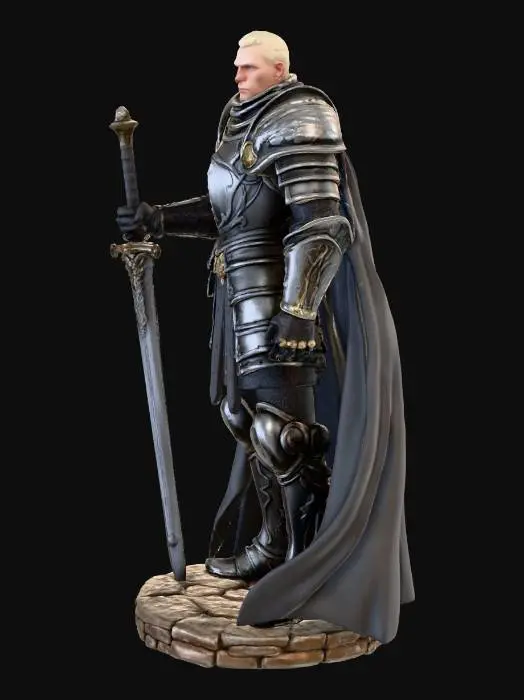 3D model for High-detail 3D miniature of a heroic knight in ornate gothic plate armor, but with a bare head featuring the face of a charismatic surfer man. The face has a mocking smirk, sharp jawline, and shoulder-length straight platinum blonde hair with a middle part. He is carrying a massive greatsword over his shoulder. The armor features heavy engraved pauldrons, dragon-scale textures, and a flowing cape. Standing on a cobblestone base. Sharp facial features optimized for small scale 3D printing, stylized realism, 8k resolution, intricate textures, heroic fantasy meets surfer aesthetic