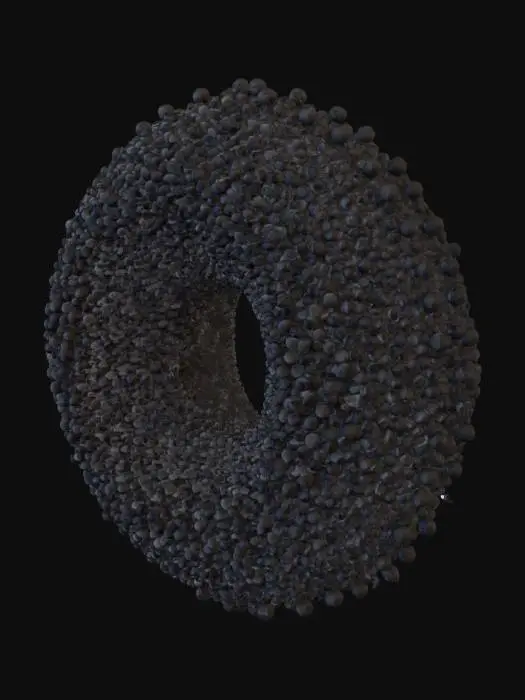 3D model for a collection of hundreds of small black dots forming a thick ring. In the middle of the ring there is one dot that is 20 times the size of one small dot that forms a ring. The distance between one small dot from one dot in the middle is 2 cm.