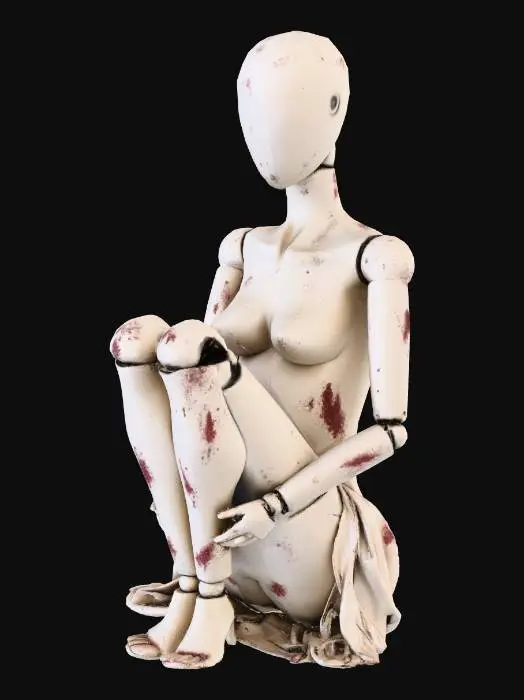 3D model for create a high detailed & hd bottom half of a mannequin sitting with it's legs crossed. mannequin is distressed
