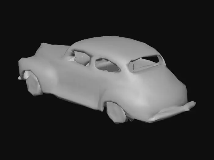 3D model for Generated a low-poly, game-ready 1949 Ford sedan car in maroon, rusted and weathered with broken windows and dented body panels, set in a gothic horror cemetery style. Suggestion: For optimal 3D results, ensure a consistent scale and consider baking high-resolution details into normal maps for efficient game-ready assets.