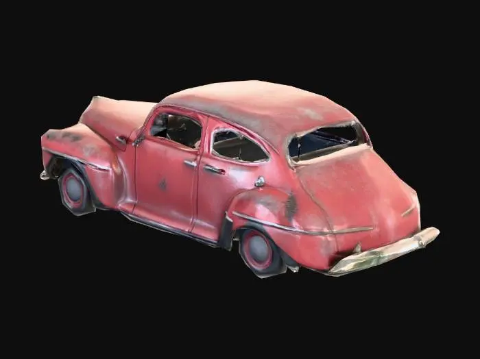3D model for Generated a low-poly, game-ready 1949 Ford sedan car in maroon, rusted and weathered with broken windows and dented body panels, set in a gothic horror cemetery style. Suggestion: For optimal 3D results, ensure a consistent scale and consider baking high-resolution details into normal maps for efficient game-ready assets.