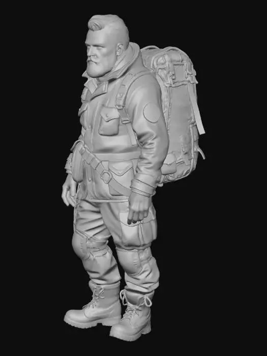 3D model for A contemporary urban survivalist in a heavily customized, heavy oilskin canvas jacket and multi-layered leather knee pads. His backpack is strung with worn aluminum tools and nylon ropes. Deeply sculpted face, rough stubble, and alert eyes. *Requirement: Hyper-realistic, detail-oriented, emphasizing the canvas's waterproofing, the wear of the leather, and the severe weathering of all metal components.
