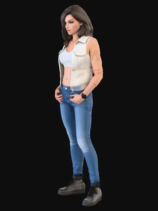3D model for Realistic female garage character for a racing video game, full body, standing in a confident relaxed pose (A-pose or slight contrapposto).
Body: slim athletic build, long legs, natural feminine proportions, confident posture.
Face: attractive but realistic face, symmetrical features, focused and slightly confident expression, subtle eyeliner, natural lips, realistic skin with pores.
Hair: long straight or slightly wavy dark brown hair, loose hairstyle, natural volume, slightly messy garage look.