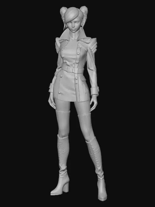 3D model for Трёхмерная модель персонажа в стильном, динамичном костюме, выполненном в черно-белой гамме. Верхняя часть включает белую куртку с высоким воротом и угловатыми наплечниками, дополненную черными вставками и диагональными полосами. Талия подчеркнута широким черным поясом с двумя крупными металлическими пряжками. Нижняя часть представлена короткой юбкой и высокими сапогами до бедра, оба элемента из гладкого, слегка отражающего свет материала. Общая эстетика сочетает элементы военной формы и высокой моды, создавая образ уверенного и современного бойца или пилота.