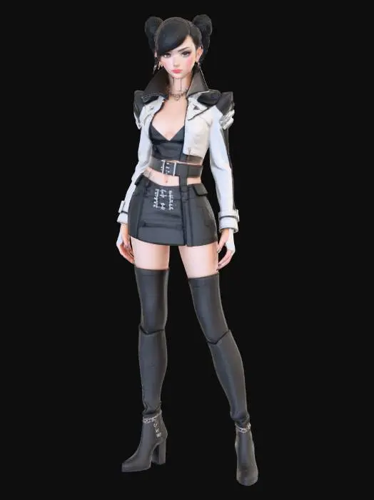 3D model for Трёхмерная модель персонажа в стильном, динамичном костюме, выполненном в черно-белой гамме. Верхняя часть включает белую куртку с высоким воротом и угловатыми наплечниками, дополненную черными вставками и диагональными полосами. Талия подчеркнута широким черным поясом с двумя крупными металлическими пряжками. Нижняя часть представлена короткой юбкой и высокими сапогами до бедра, оба элемента из гладкого, слегка отражающего свет материала. Общая эстетика сочетает элементы военной формы и высокой моды, создавая образ уверенного и современного бойца или пилота.