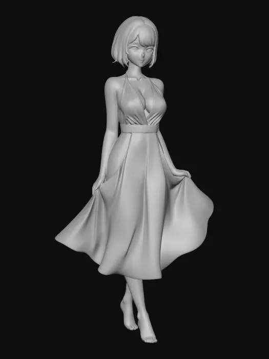 3D model for Высококачественная 3D-модель женского персонажа с короткими темными волосами и выразительными карими глазами. На персонаже черное платье-халтер с глубоким V-образным вырезом, демонстрирующим грудь. Материал платья выглядит как гладкий, слегка блестящий шелк или атлас, с мягкими складками на юбке. Кожа персонажа имеет теплый персиковый оттенок, с заметными бликами на декольте, указывающими на мягкое, направленное освещение. Общий стиль реалистичный с элементами глянцевой иллюстрации.