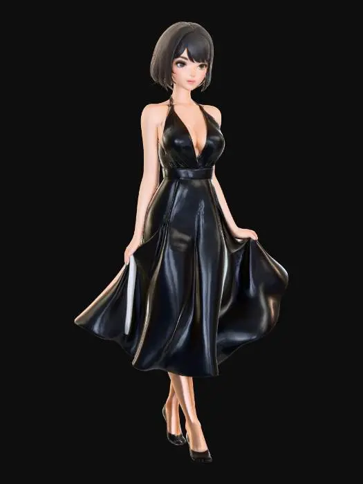 3D model for Высококачественная 3D-модель женского персонажа с короткими темными волосами и выразительными карими глазами. На персонаже черное платье-халтер с глубоким V-образным вырезом, демонстрирующим грудь. Материал платья выглядит как гладкий, слегка блестящий шелк или атлас, с мягкими складками на юбке. Кожа персонажа имеет теплый персиковый оттенок, с заметными бликами на декольте, указывающими на мягкое, направленное освещение. Общий стиль реалистичный с элементами глянцевой иллюстрации.