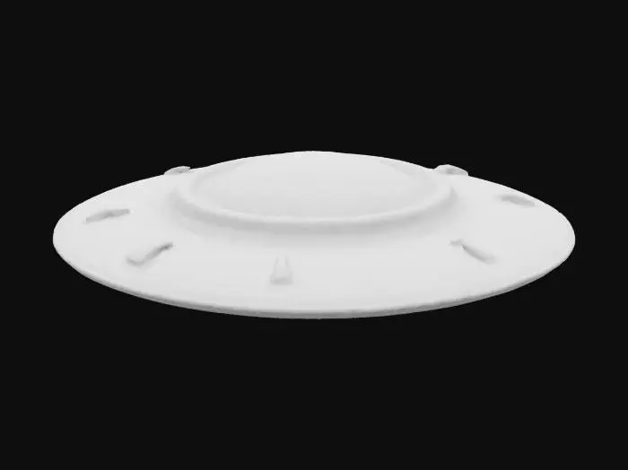 3D model for A sleek 3D model of a classic UFO (flying saucer) with a metallic, reflective surface. The saucer should have a smooth, disk-like body with a glowing dome on top, subtle alien technology details, and a ring of soft blue lights around the bottom edge. Style should be realistic but slightly stylized for a sci-fi feel. Clean geometry, ideal for use in games or animation.