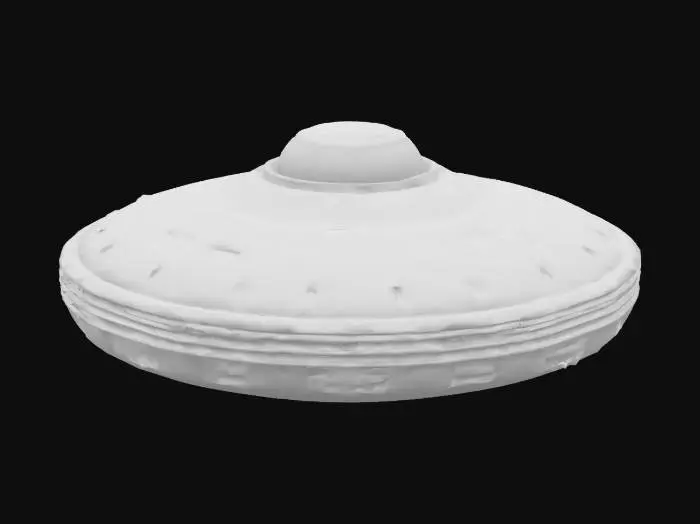 3D model for A sleek 3D model of a classic UFO (flying saucer) with a metallic, reflective surface. The saucer should have a smooth, disk-like body with a glowing dome on top, subtle alien technology details, and a ring of soft blue lights around the bottom edge. Style should be realistic but slightly stylized for a sci-fi feel. Clean geometry, ideal for use in games or animation.
