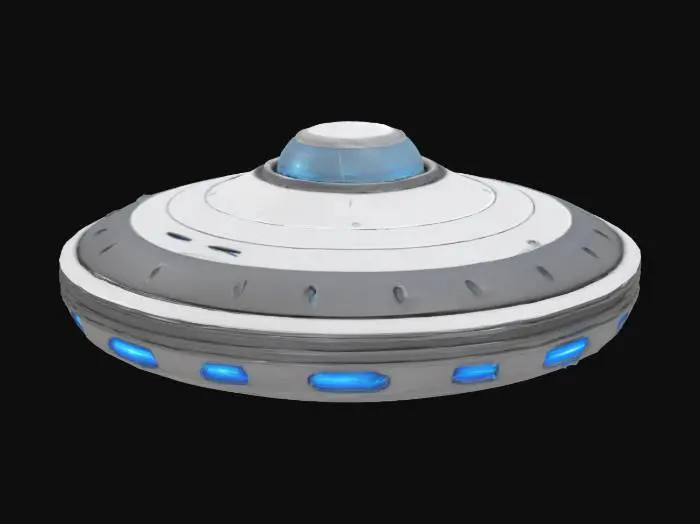3D model for A sleek 3D model of a classic UFO (flying saucer) with a metallic, reflective surface. The saucer should have a smooth, disk-like body with a glowing dome on top, subtle alien technology details, and a ring of soft blue lights around the bottom edge. Style should be realistic but slightly stylized for a sci-fi feel. Clean geometry, ideal for use in games or animation.