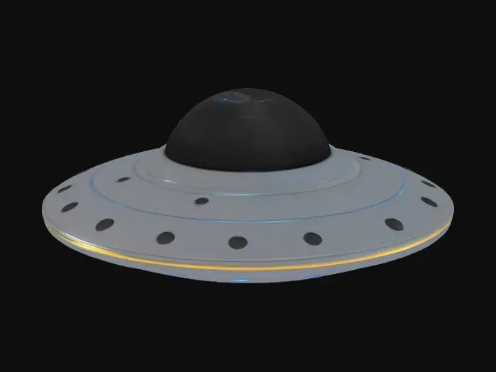 3D model for A sleek 3D model of a classic UFO (flying saucer) with a metallic, reflective surface. The saucer should have a smooth, disk-like body with a glowing dome on top, subtle alien technology details, and a ring of soft blue lights around the bottom edge. Style should be realistic but slightly stylized for a sci-fi feel. Clean geometry, ideal for use in games or animation.