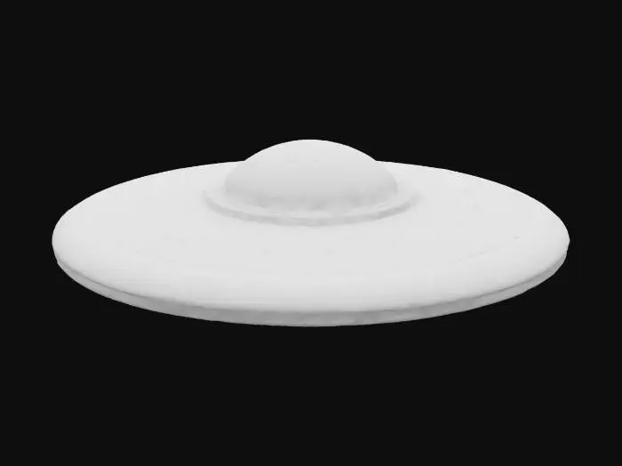 3D model for A sleek 3D model of a classic UFO (flying saucer) with a metallic, reflective surface. The saucer should have a smooth, disk-like body with a glowing dome on top, subtle alien technology details, and a ring of soft blue lights around the bottom edge. Style should be realistic but slightly stylized for a sci-fi feel. Clean geometry, ideal for use in games or animation.