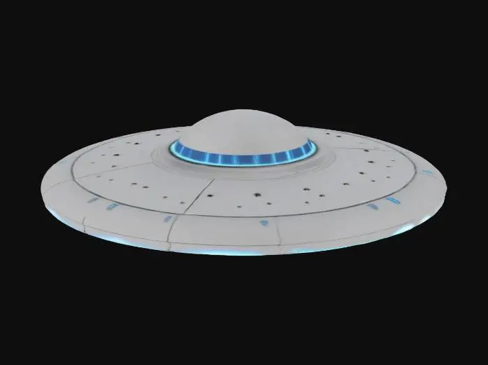 3D model for A sleek 3D model of a classic UFO (flying saucer) with a metallic, reflective surface. The saucer should have a smooth, disk-like body with a glowing dome on top, subtle alien technology details, and a ring of soft blue lights around the bottom edge. Style should be realistic but slightly stylized for a sci-fi feel. Clean geometry, ideal for use in games or animation.