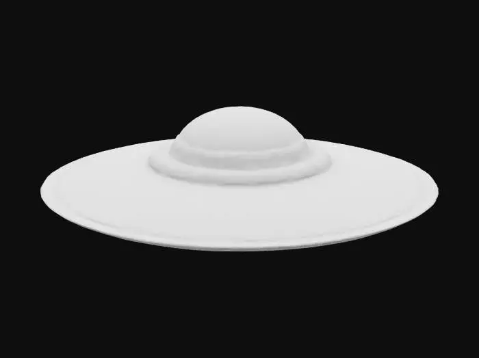 3D model for A sleek 3D model of a classic UFO (flying saucer) with a metallic, reflective surface. The saucer should have a smooth, disk-like body with a glowing dome on top, subtle alien technology details, and a ring of soft blue lights around the bottom edge. Style should be realistic but slightly stylized for a sci-fi feel. Clean geometry, ideal for use in games or animation.