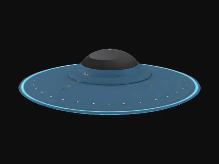 3D model for A sleek 3D model of a classic UFO (flying saucer) with a metallic, reflective surface. The saucer should have a smooth, disk-like body with a glowing dome on top, subtle alien technology details, and a ring of soft blue lights around the bottom edge. Style should be realistic but slightly stylized for a sci-fi feel. Clean geometry, ideal for use in games or animation.